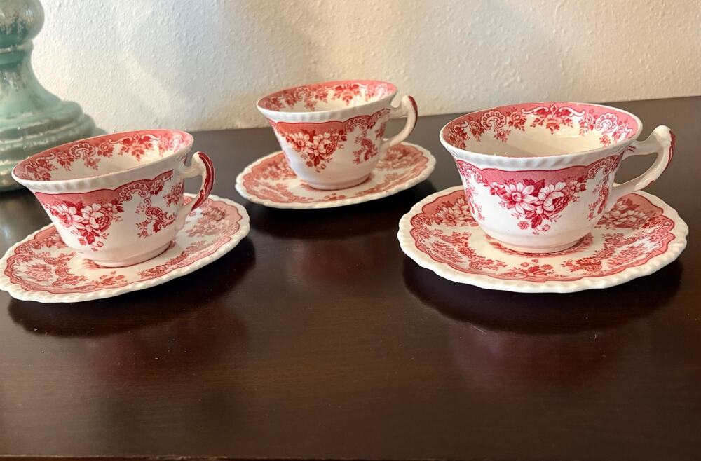 VTG John Maddock & Sons Bombay Red Transferware Tea Cup Saucer Set of 3 England